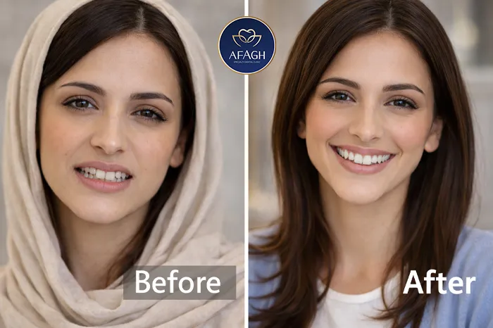 نمونه نتیجه طراحی لبخند دیجیتال قبل و بعد از درمان با نمایش تغییر نظم دندان‌ها